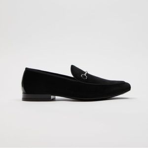 NWT. Zara Man Black Velvet Appliqué Loafers with Metallic Applique. Size 9.